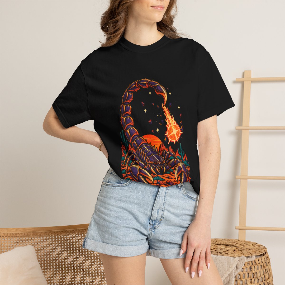 Starstinger Tee worn Printify context view on a Black Comfort Colors 1717 tee