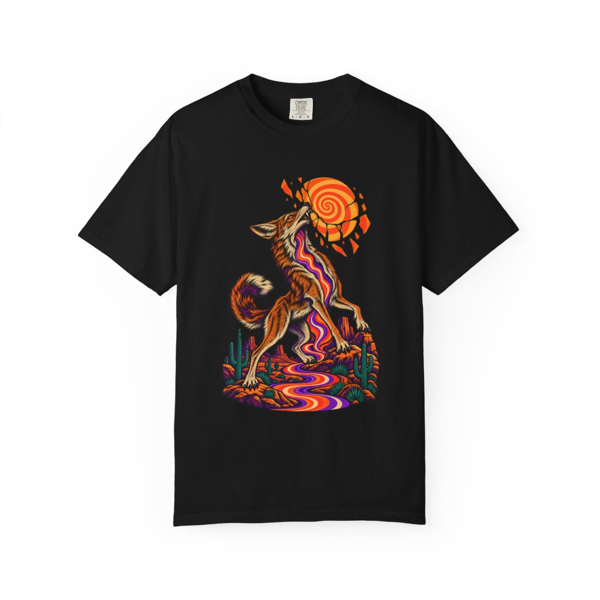 Sunhowl Tee large front print on a Black Comfort Colors 1717 tee