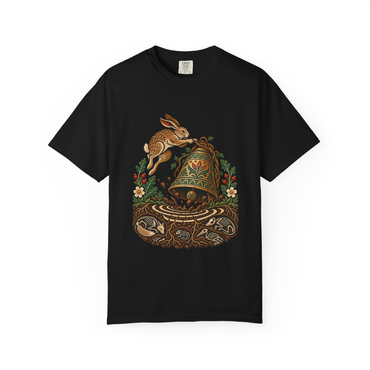 Burrow Bell Tee large front print on a Black Comfort Colors 1717 tee