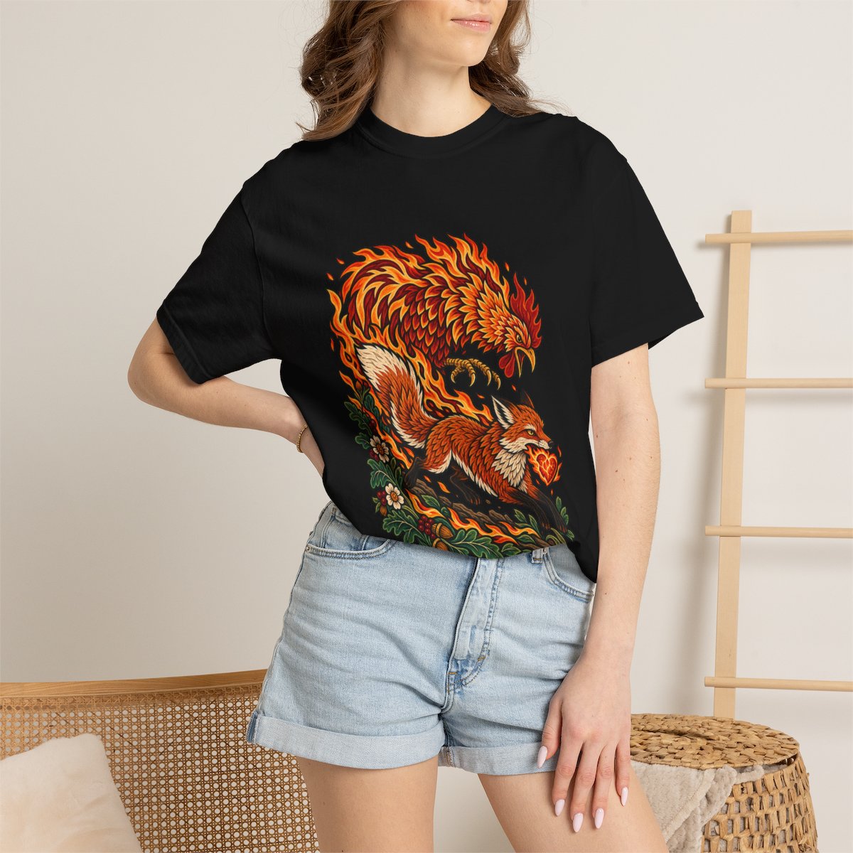 Cinderfox Tee worn Printify context view on a Black Comfort Colors 1717 tee