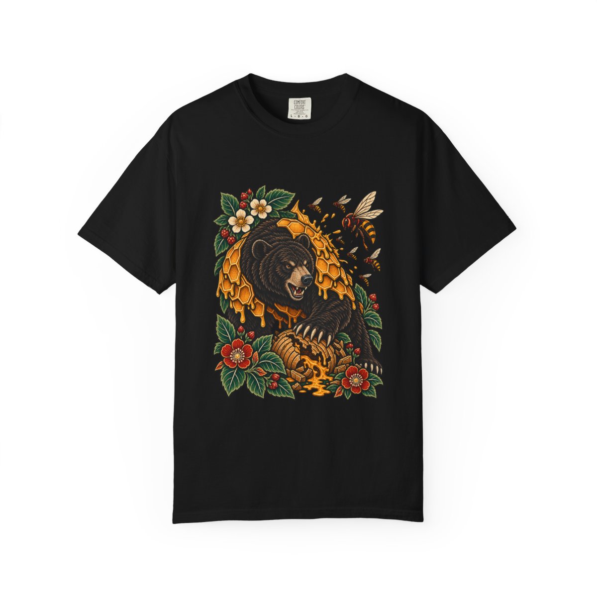 Honeyguard Tee large front print on a Black Comfort Colors 1717 tee