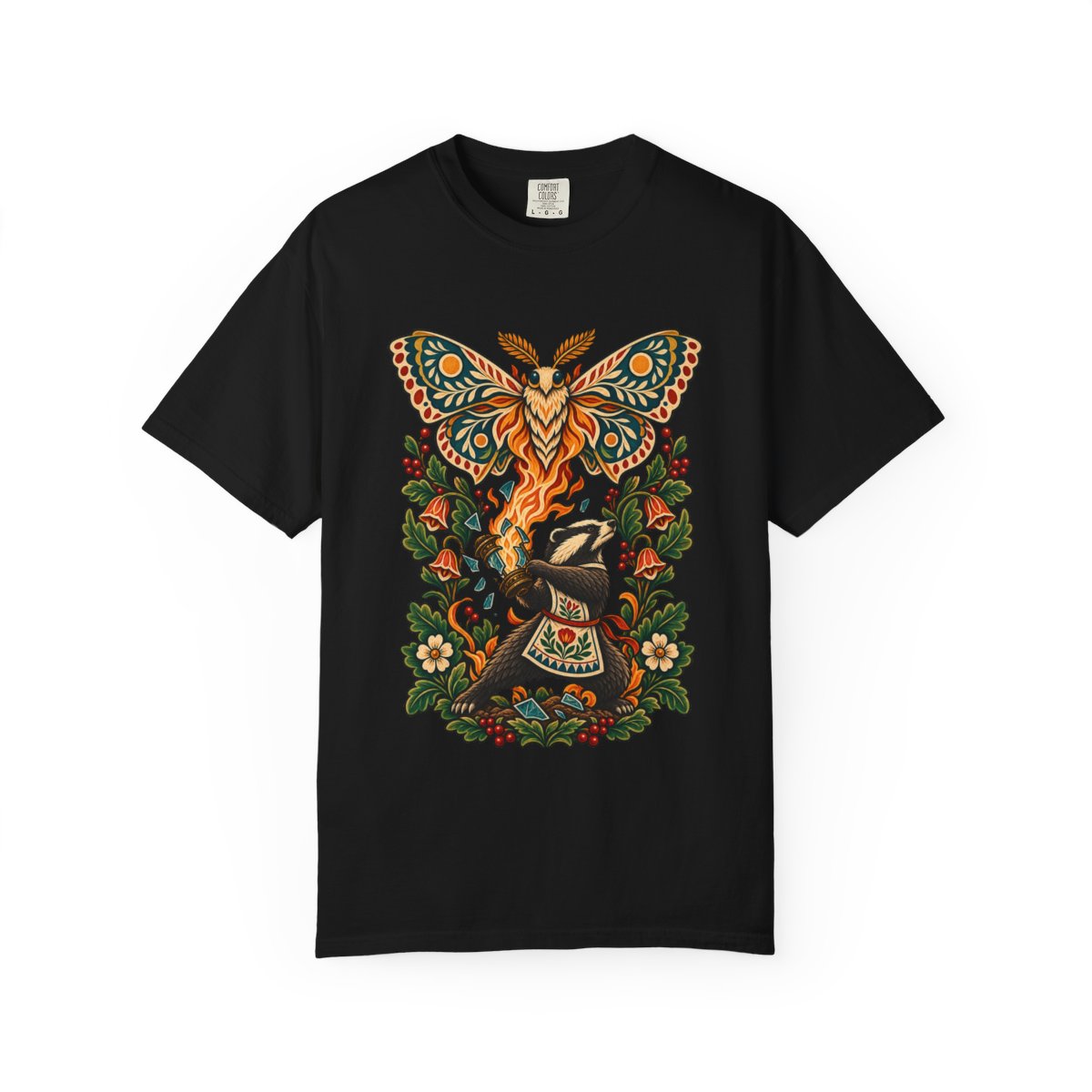 Moth Lantern Tee large front print on a Black Comfort Colors 1717 tee