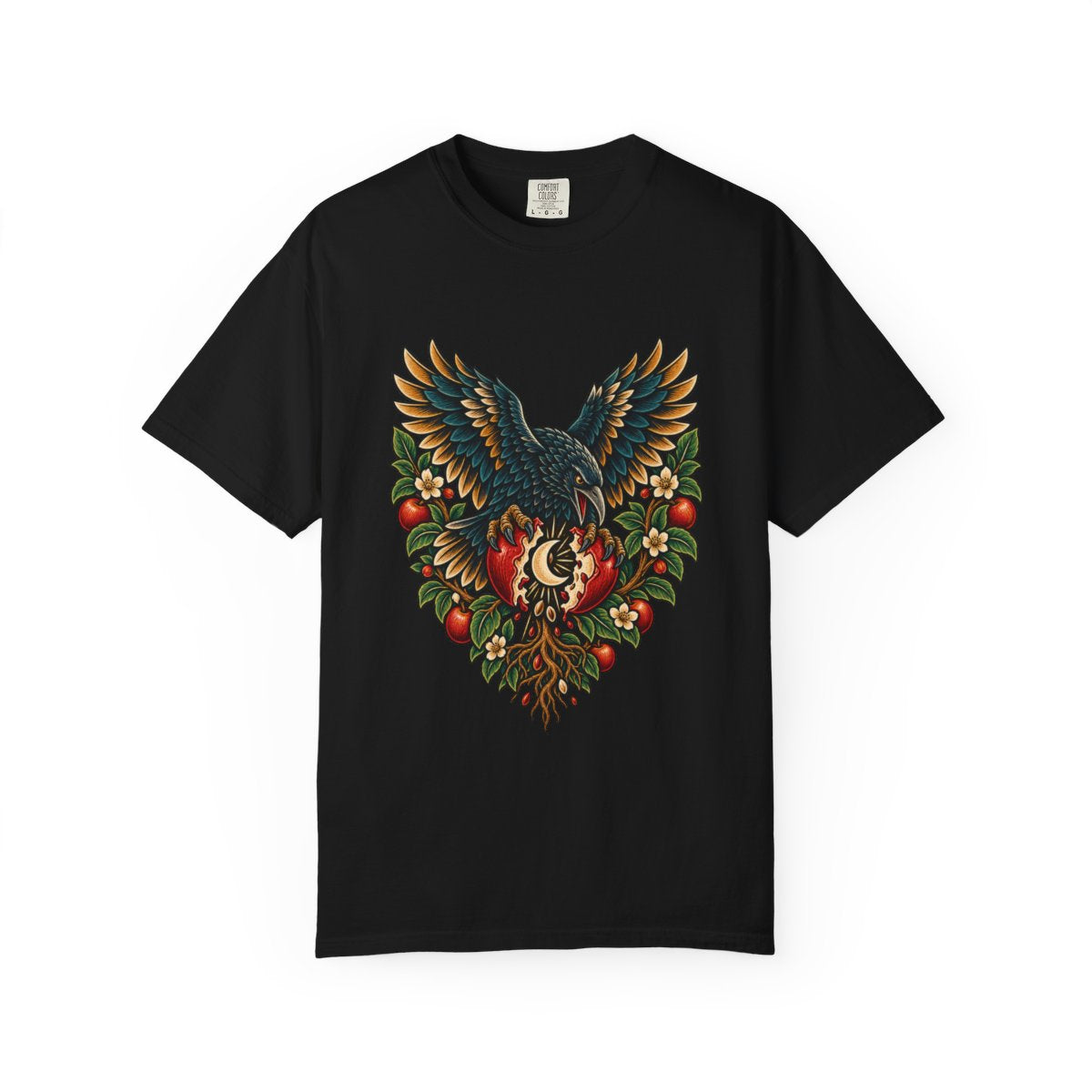 Orchard Omen Tee large front print on a Black Comfort Colors 1717 tee