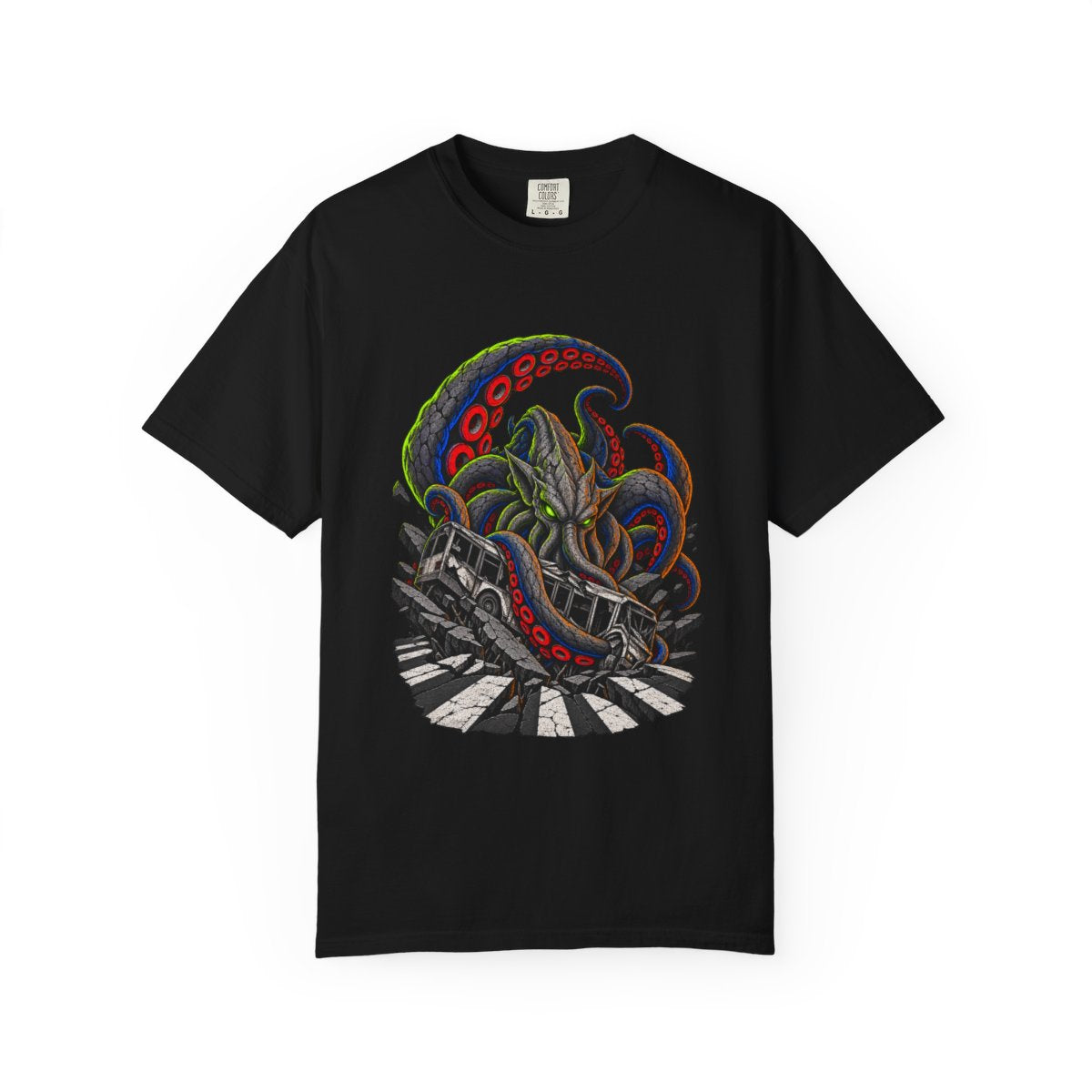 Asphalt Kraken Tee large front print on a Black Comfort Colors 1717 tee