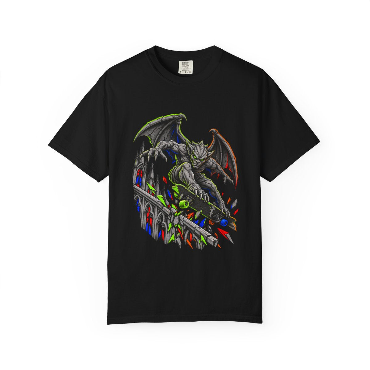Gargoyle Grind Tee large front print on a Black Comfort Colors 1717 tee