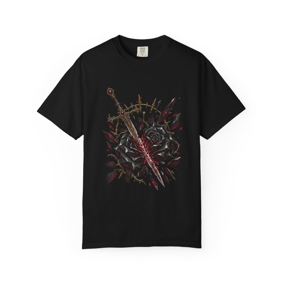 Rosebreaker Tee large front print on a Black Comfort Colors 1717 tee