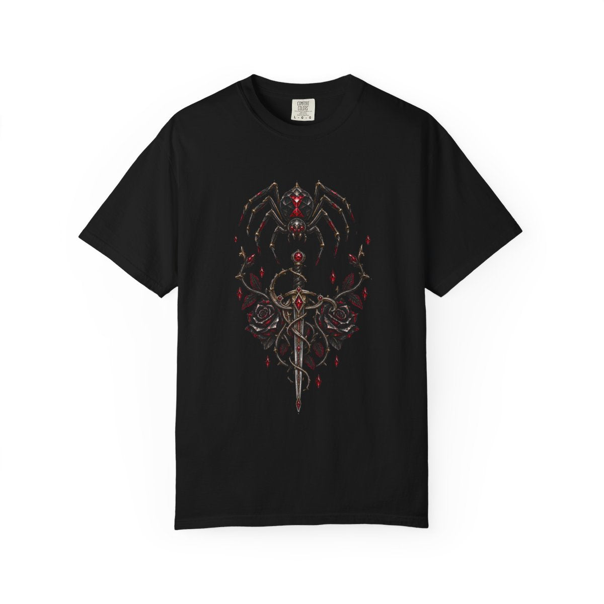 Widow Rapier Tee large front print on a Black Comfort Colors 1717 tee