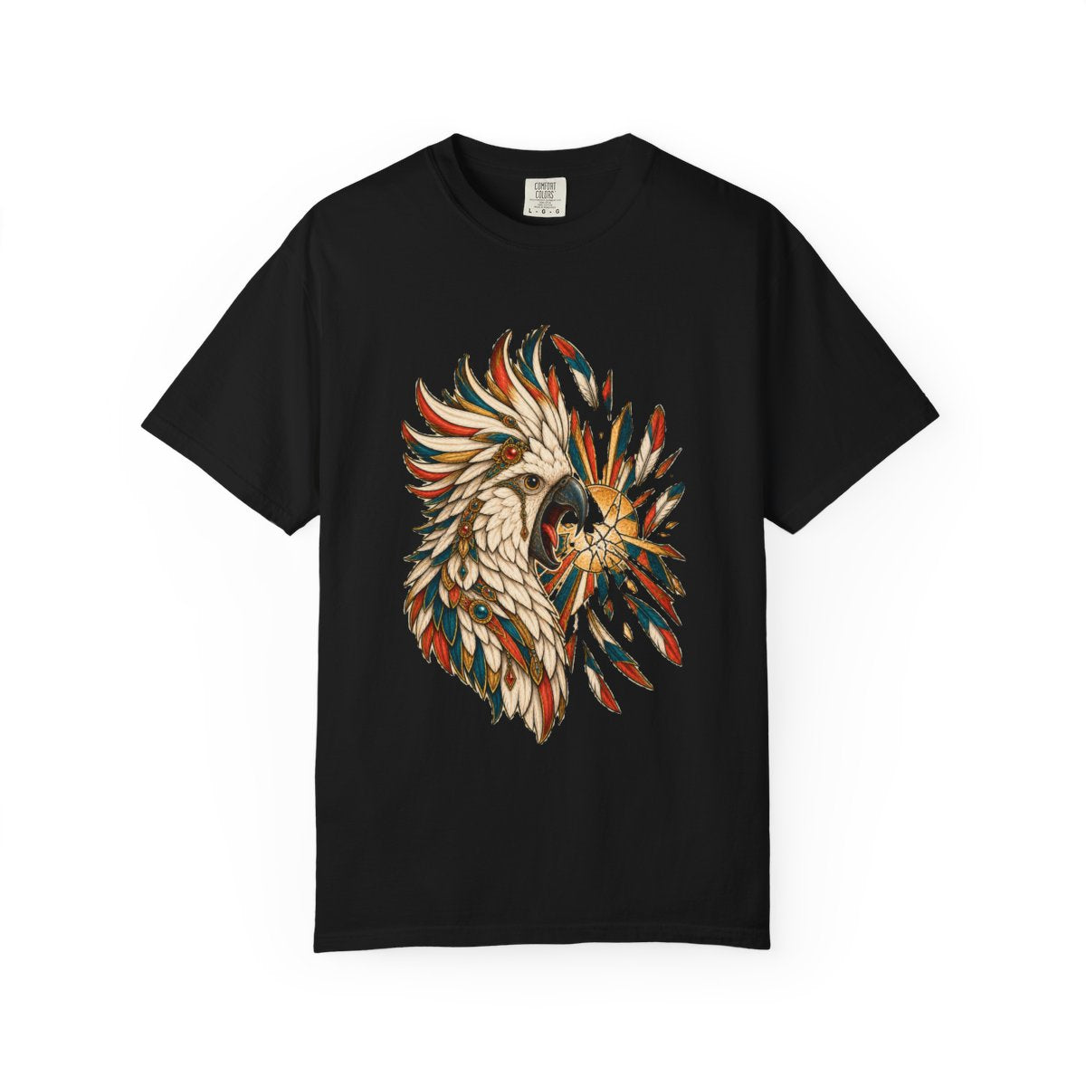 Dawn Chorus Tee large front print on a Black Comfort Colors 1717 tee