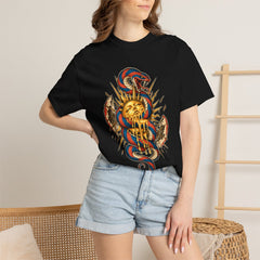 Heatwave Coil Tee worn Printify context view on a Black Comfort Colors 1717 tee