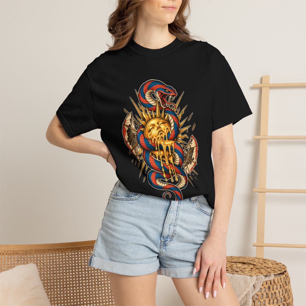 Heatwave Coil Tee worn Printify context view on a Black Comfort Colors 1717 tee