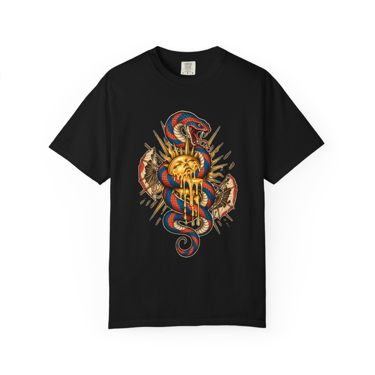 Heatwave Coil Tee large front print on a Black Comfort Colors 1717 tee