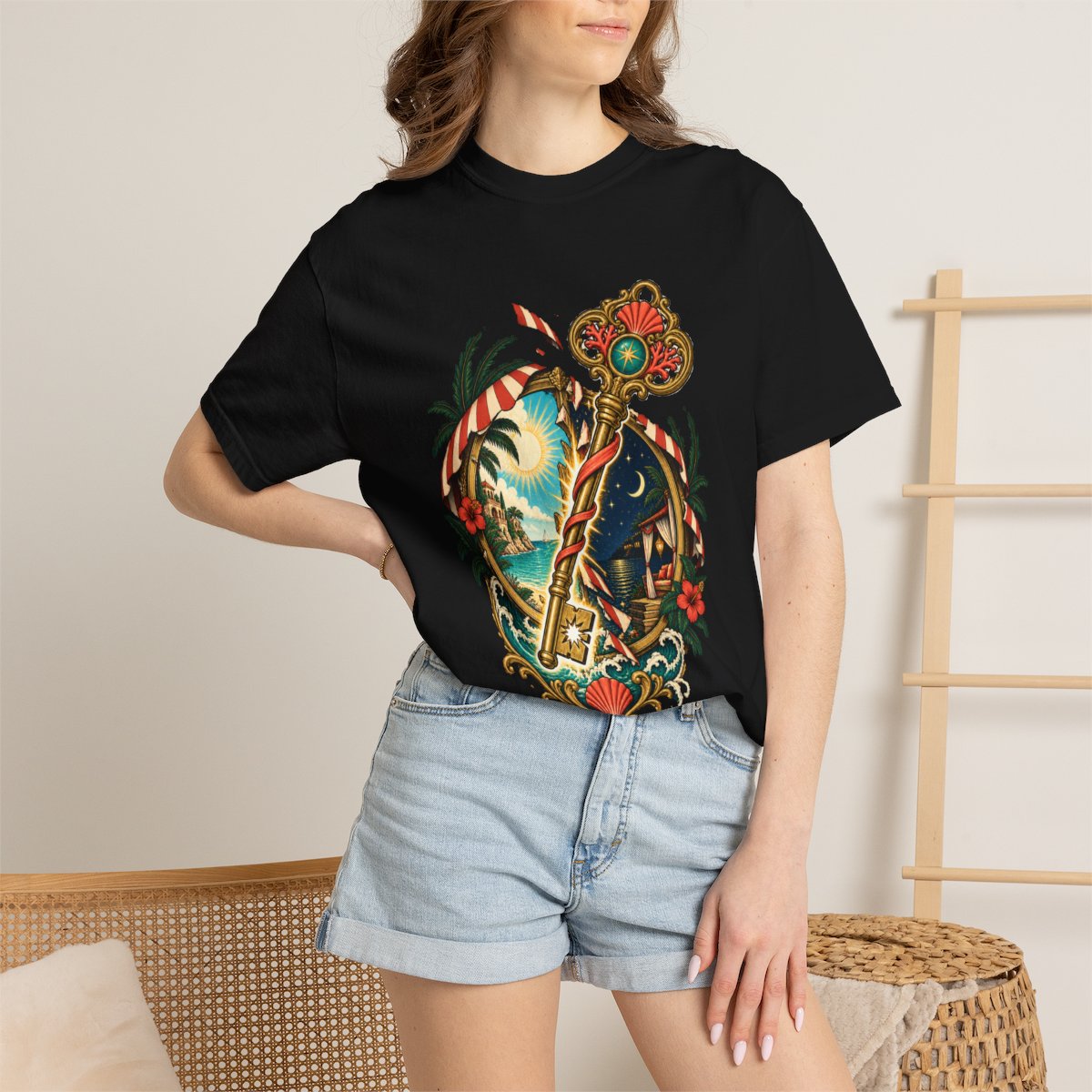 Mirage Key Tee worn Printify context view on a Black Comfort Colors 1717 tee
