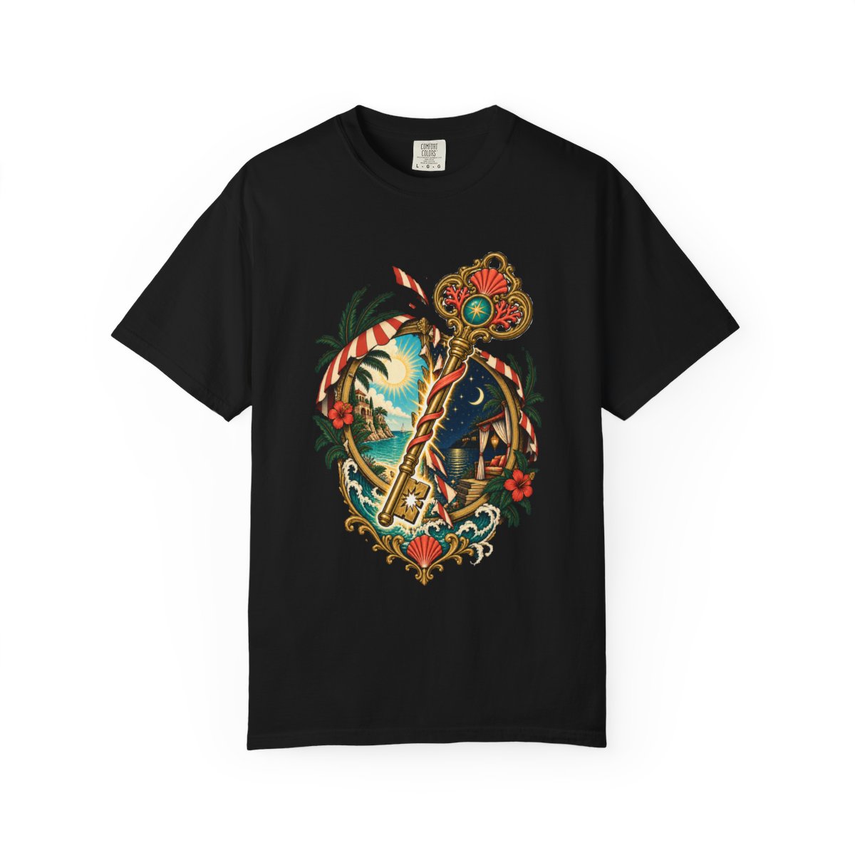 Mirage Key Tee large front print on a Black Comfort Colors 1717 tee