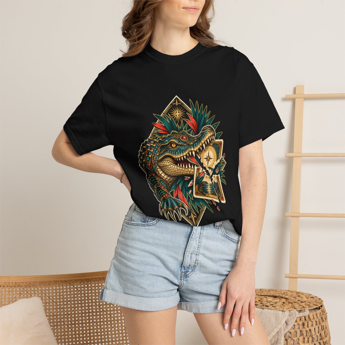 Paradise Gambit Tee worn Printify context view on a Black Comfort Colors 1717 tee