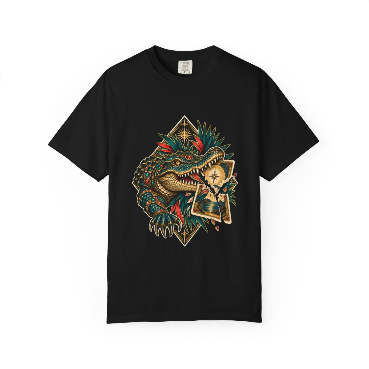 Paradise Gambit Tee large front print on a Black Comfort Colors 1717 tee