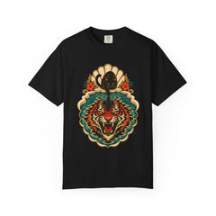 Poolside Omen Tee large front print on a Black Comfort Colors 1717 tee