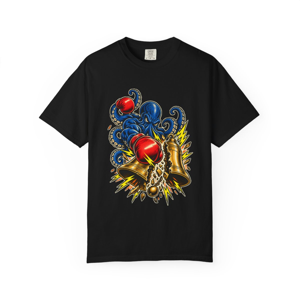 Bell Ringer Tee large front print on a Black Comfort Colors 1717 tee