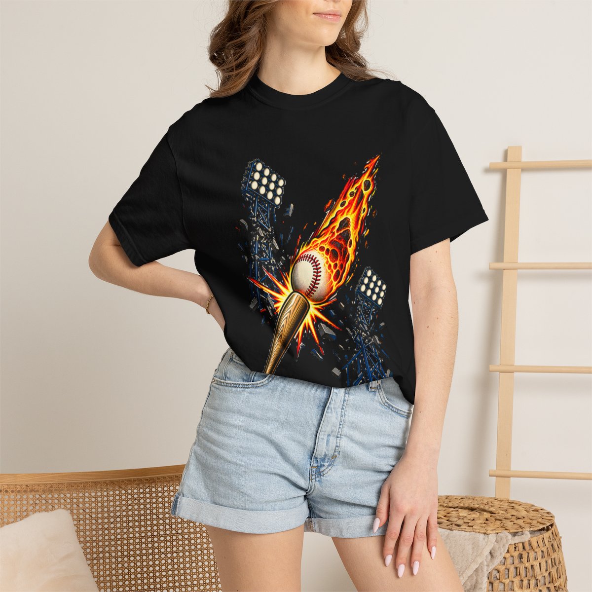 Comet Swing Tee worn Printify context view on a Black Comfort Colors 1717 tee