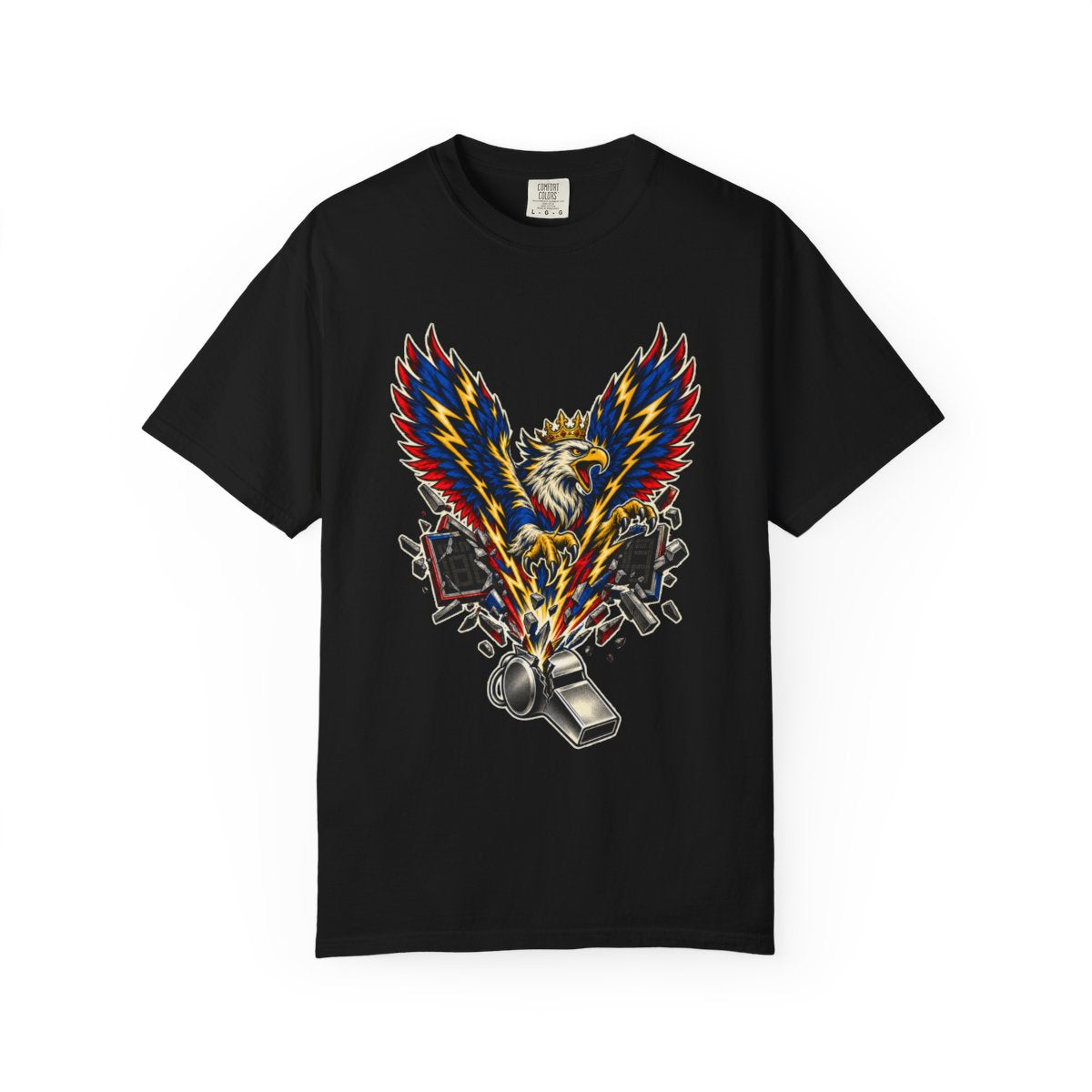 Final Whistle Tee large front print on a Black Comfort Colors 1717 tee