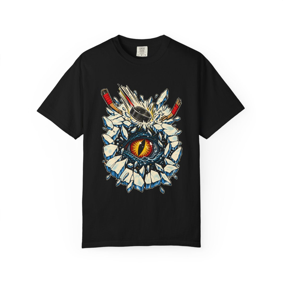 Icebreaker Tee large front print on a Black Comfort Colors 1717 tee