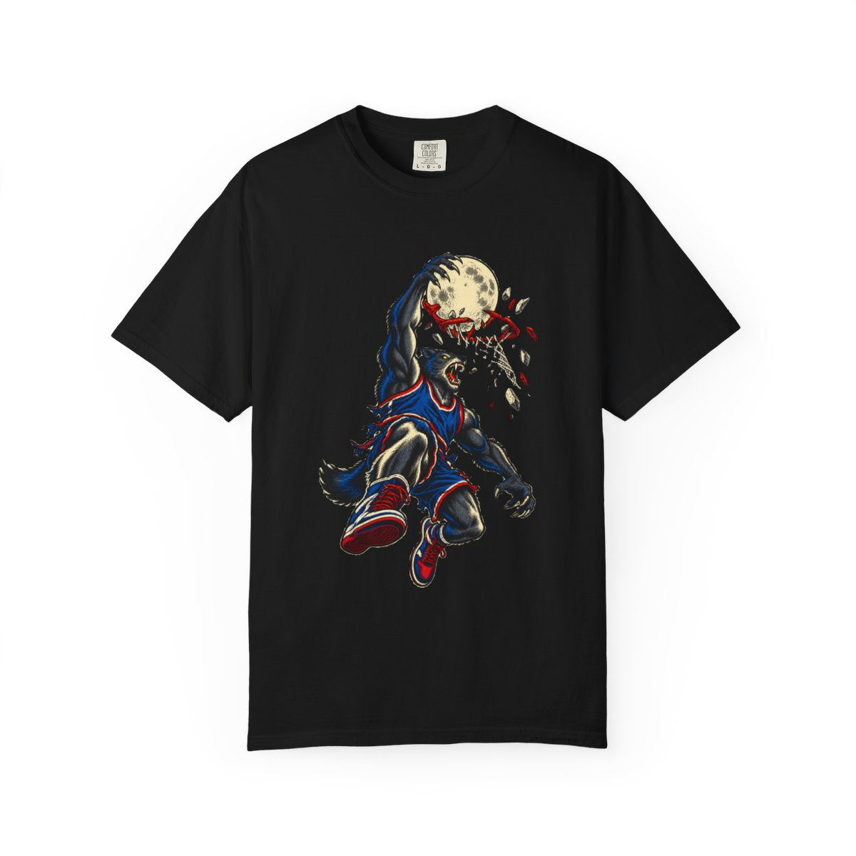 Moonshot Tee large front print on a Black Comfort Colors 1717 tee
