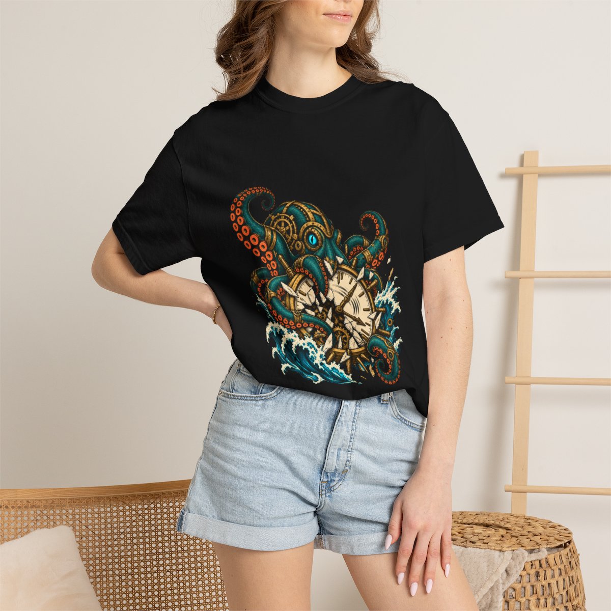 Kraken Clock Tee worn Printify context view on a Black Comfort Colors 1717 tee