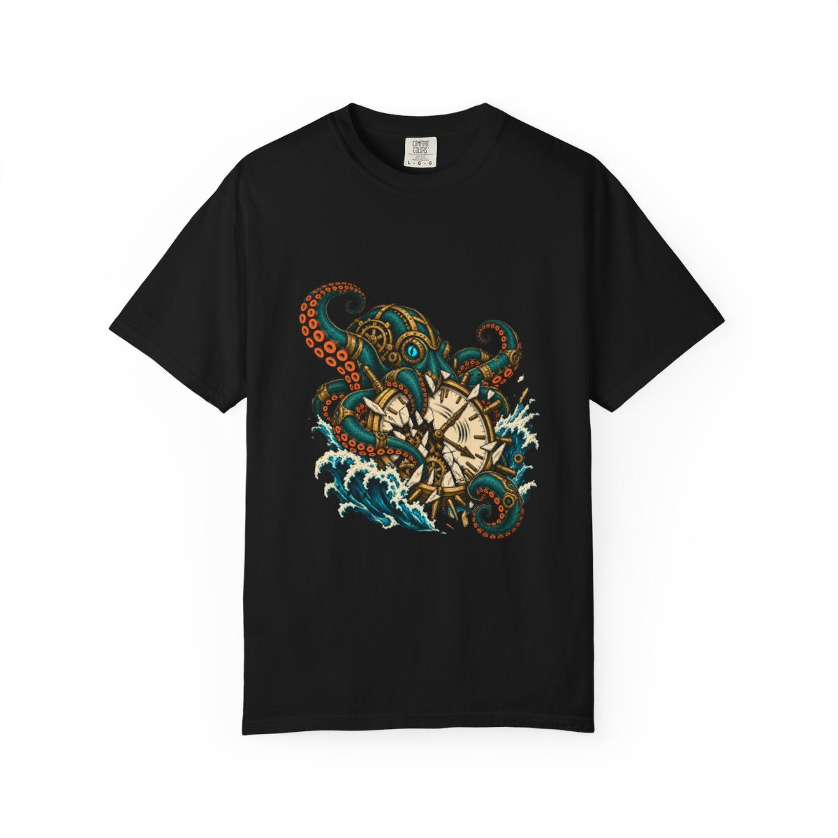 Kraken Clock Tee large front print on a Black Comfort Colors 1717 tee