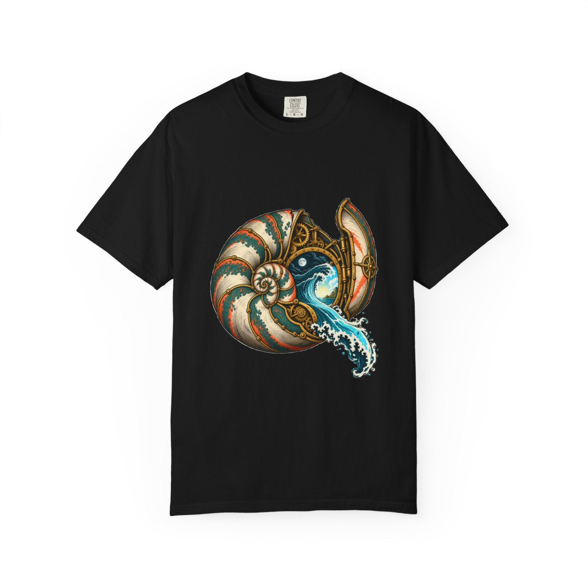 Nautilus Gate Tee large front print on a Black Comfort Colors 1717 tee
