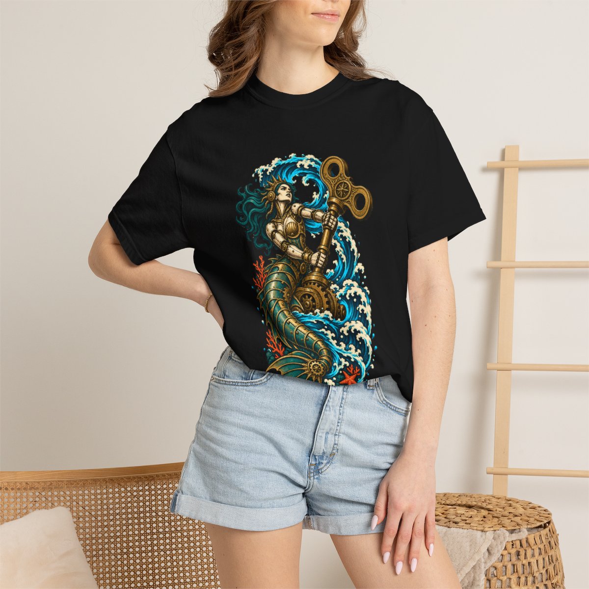 Siren Engine Tee worn Printify context view on a Black Comfort Colors 1717 tee