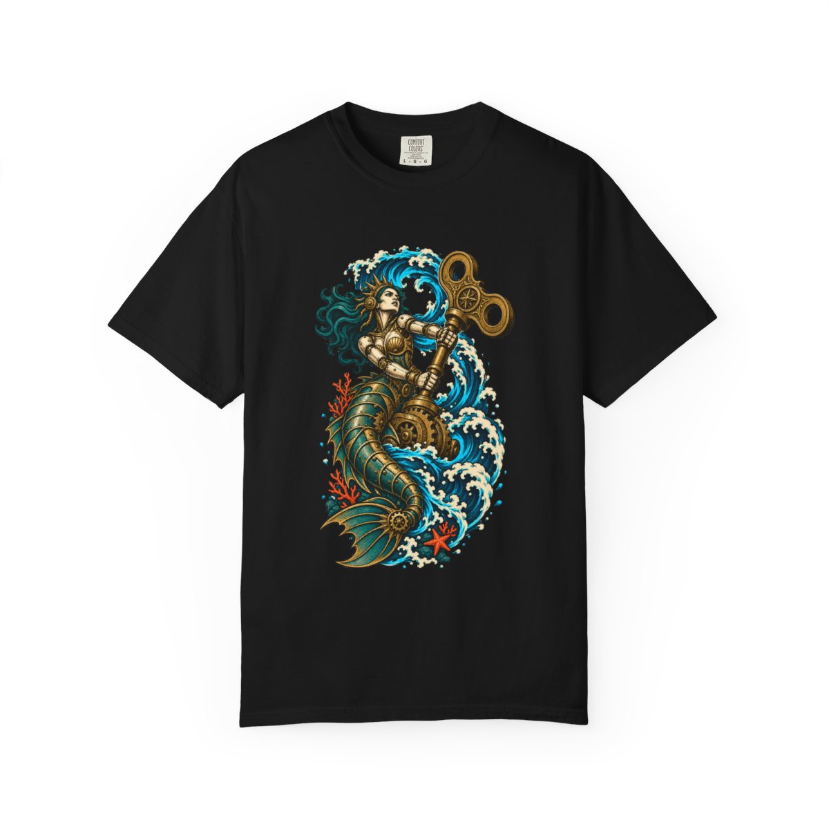 Siren Engine Tee large front print on a Black Comfort Colors 1717 tee
