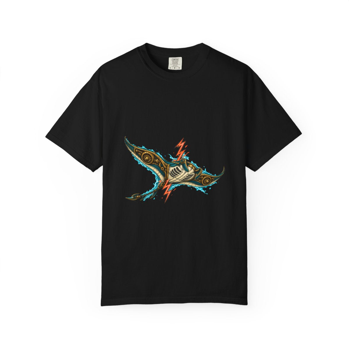 Stormfin Tee large front print on a Black Comfort Colors 1717 tee