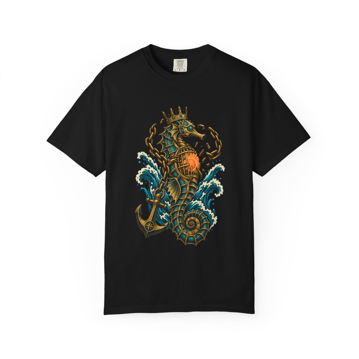 Tide Crown Tee large front print on a Black Comfort Colors 1717 tee