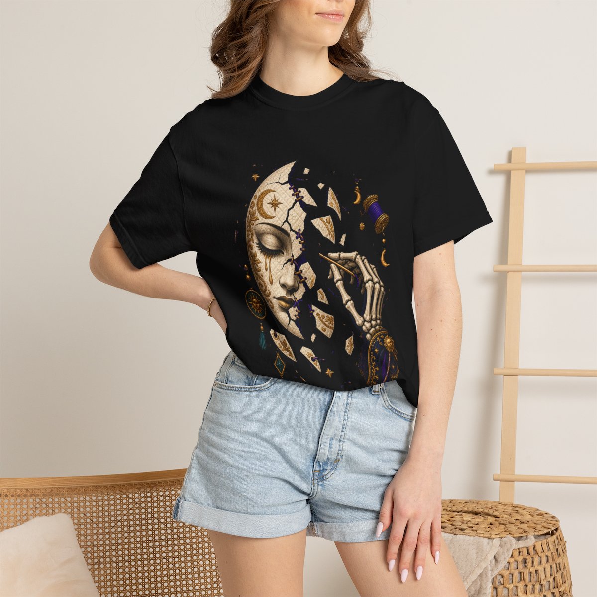 Final Seam Tee worn Printify context view on a Black Comfort Colors 1717 tee