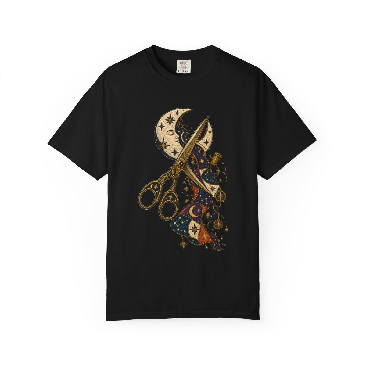 Moon Shears Tee large front print on a Black Comfort Colors 1717 tee