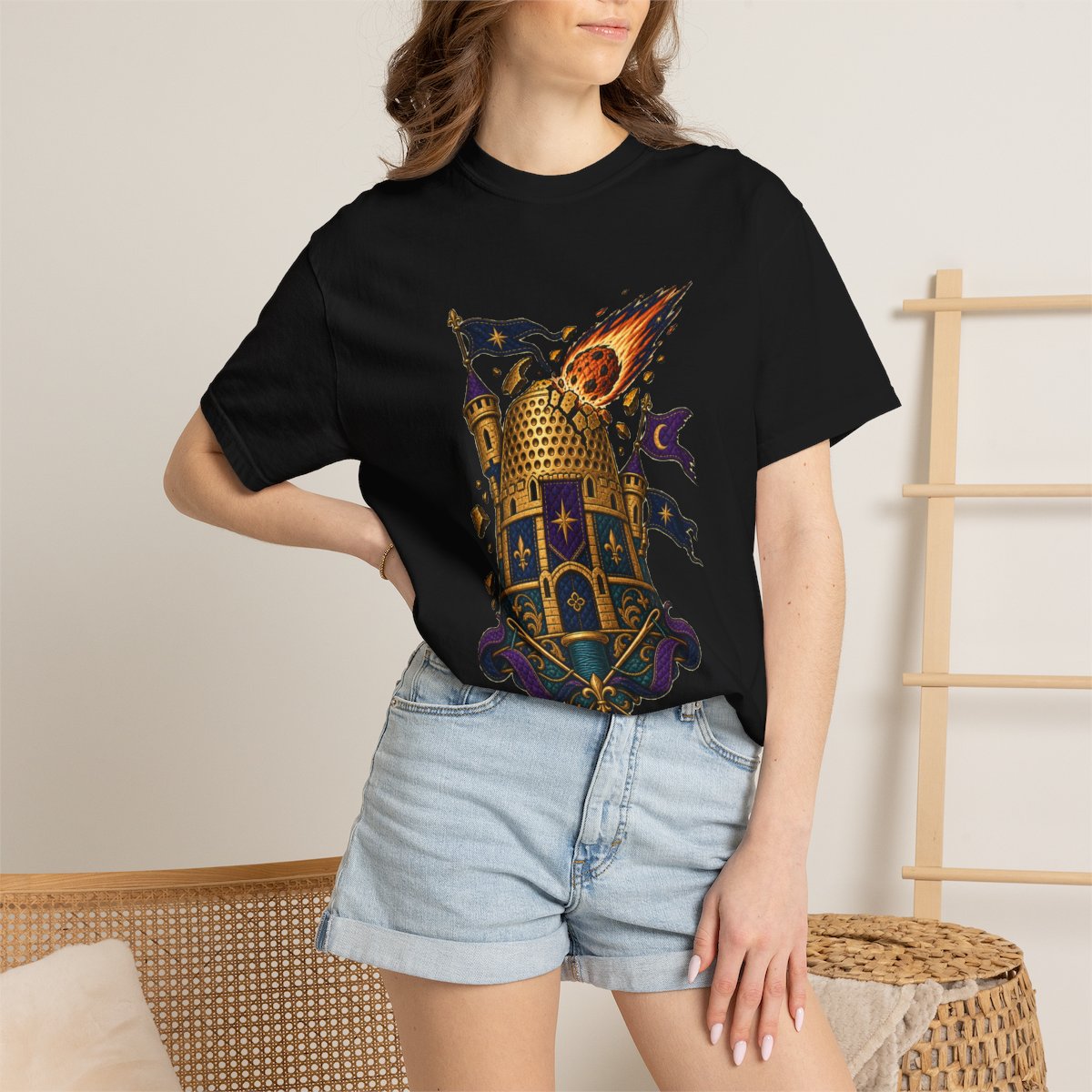 Thimble Keep Tee worn Printify context view on a Black Comfort Colors 1717 tee