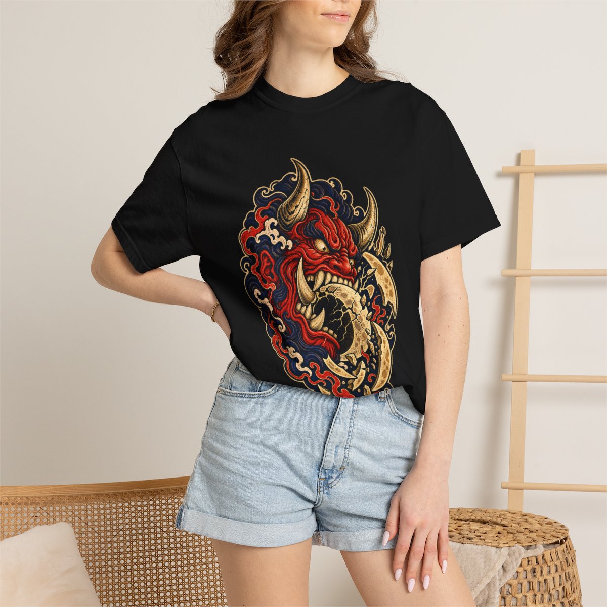 Moon Eater Tee worn Printify context view on a Black Comfort Colors 1717 tee