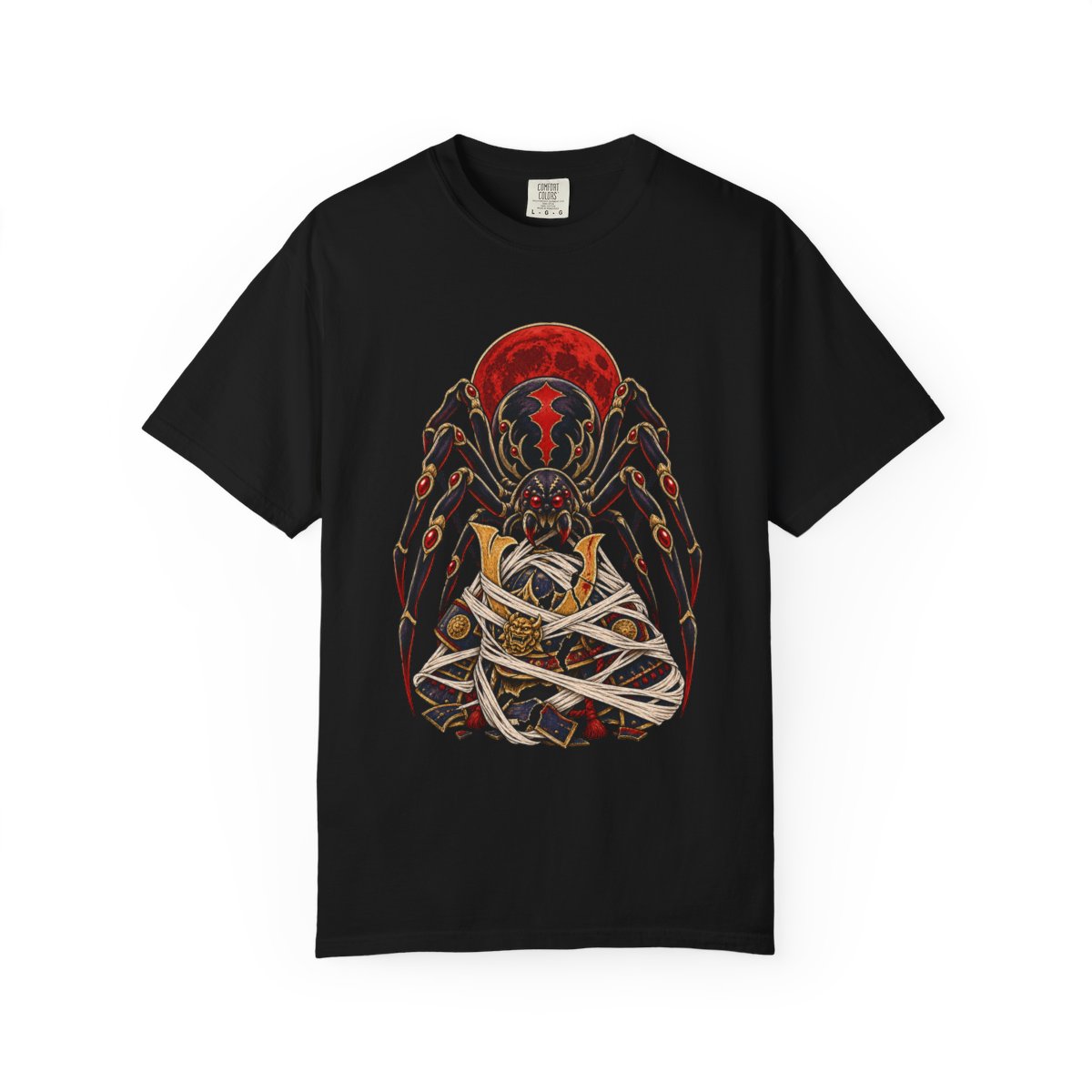 Silk Widow Tee large front print on a Black Comfort Colors 1717 tee