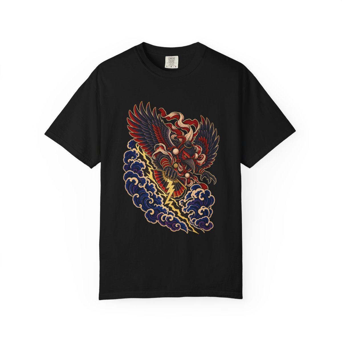 Thunder Tengu Tee large front print on a Black Comfort Colors 1717 tee