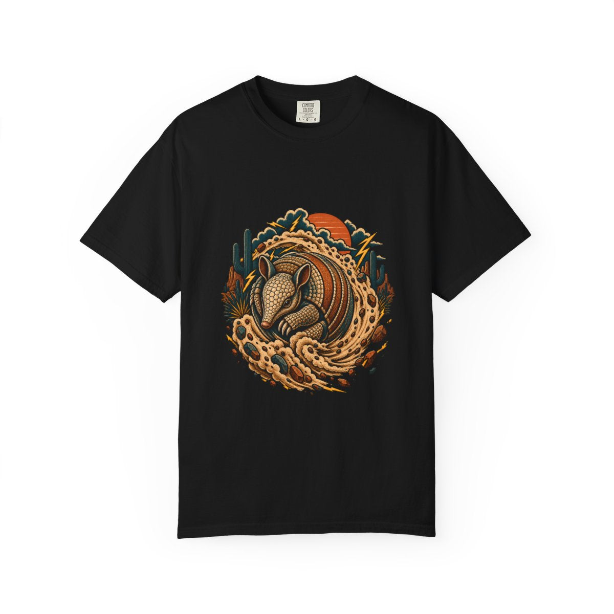 Ironback Dust Devil Tee large front print on a Black Comfort Colors 1717 tee