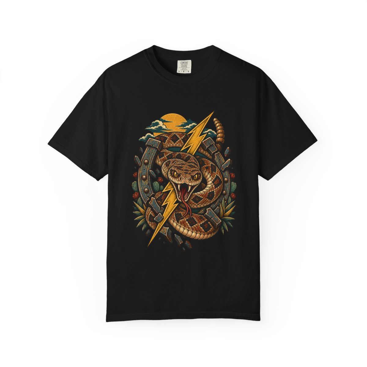 Rattler’s Last Warning Tee large front print on a Black Comfort Colors 1717 tee