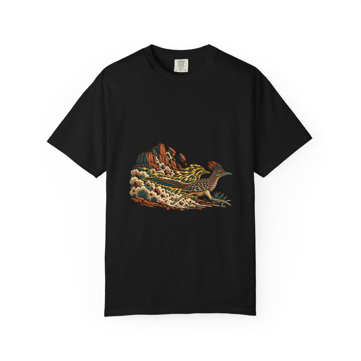Roadrunner Aftershock Tee large front print on a Black Comfort Colors 1717 tee