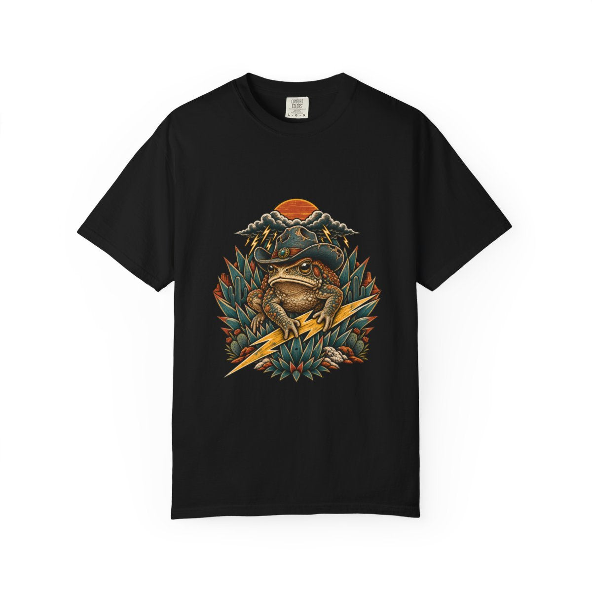 Thunder Toad Wrangler Tee large front print on a Black Comfort Colors 1717 tee