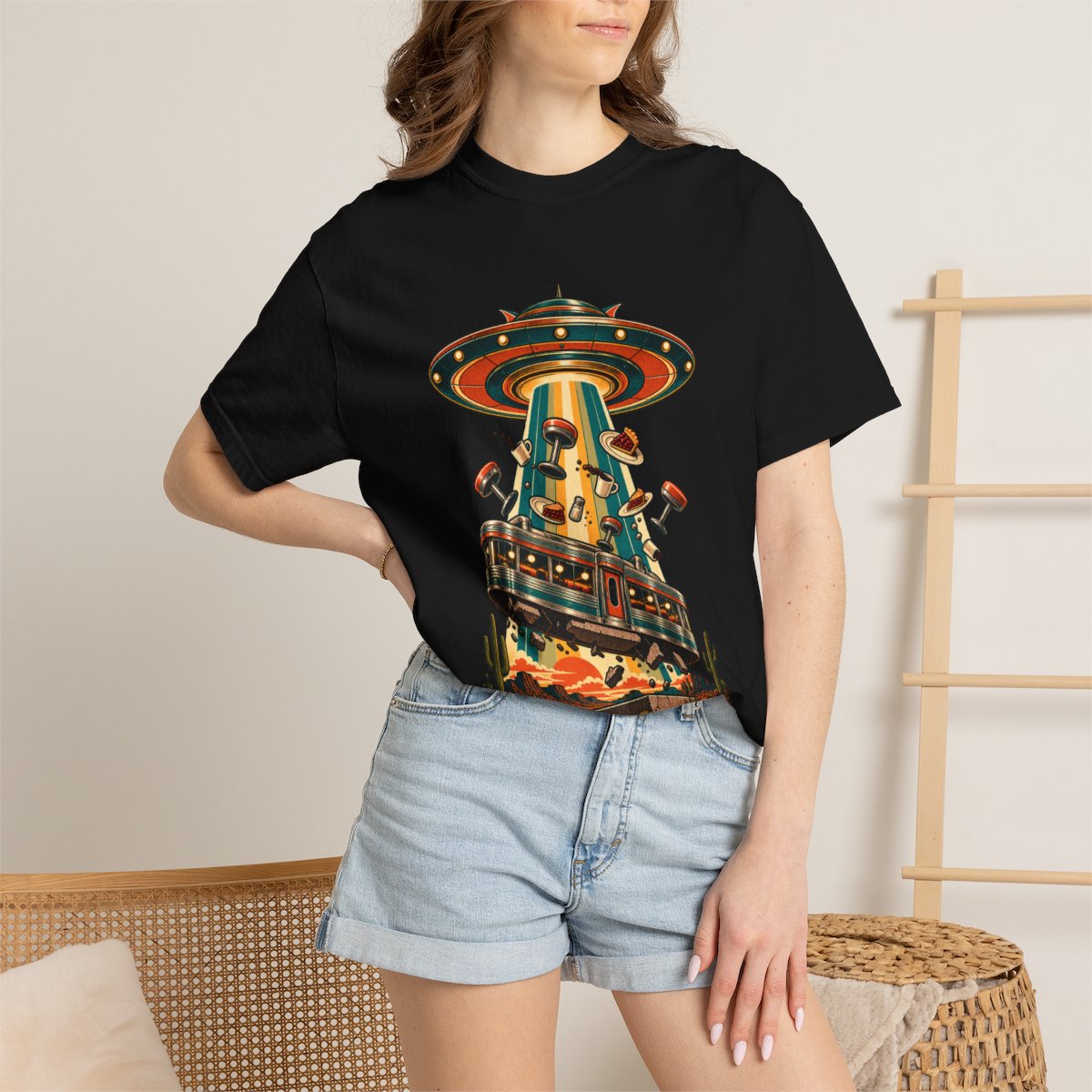 Diner Zero Tee worn Printify context view on a Black Comfort Colors 1717 tee