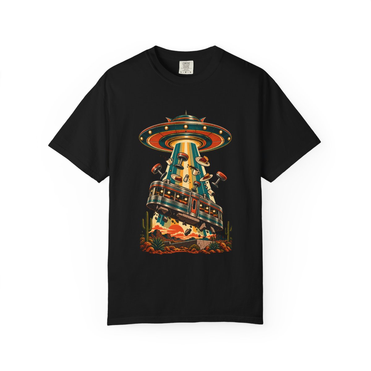 Diner Zero Tee large front print on a Black Comfort Colors 1717 tee