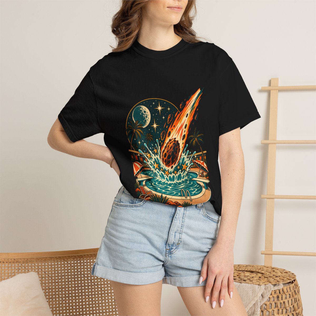 Poolside Impact Tee worn Printify context view on a Black Comfort Colors 1717 tee