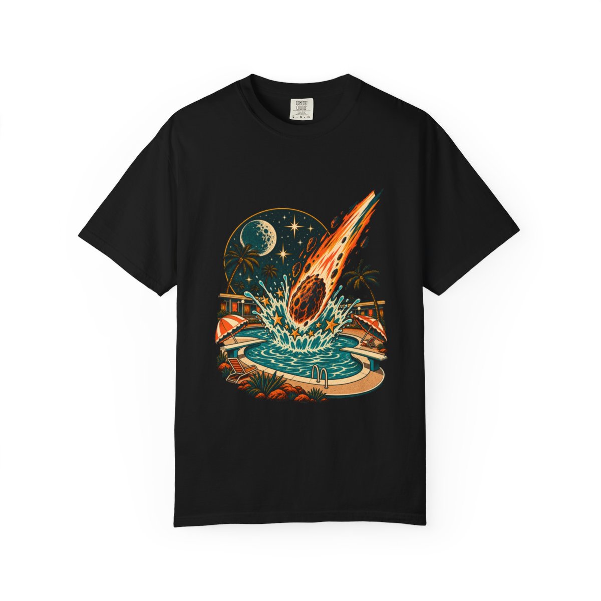 Poolside Impact Tee large front print on a Black Comfort Colors 1717 tee