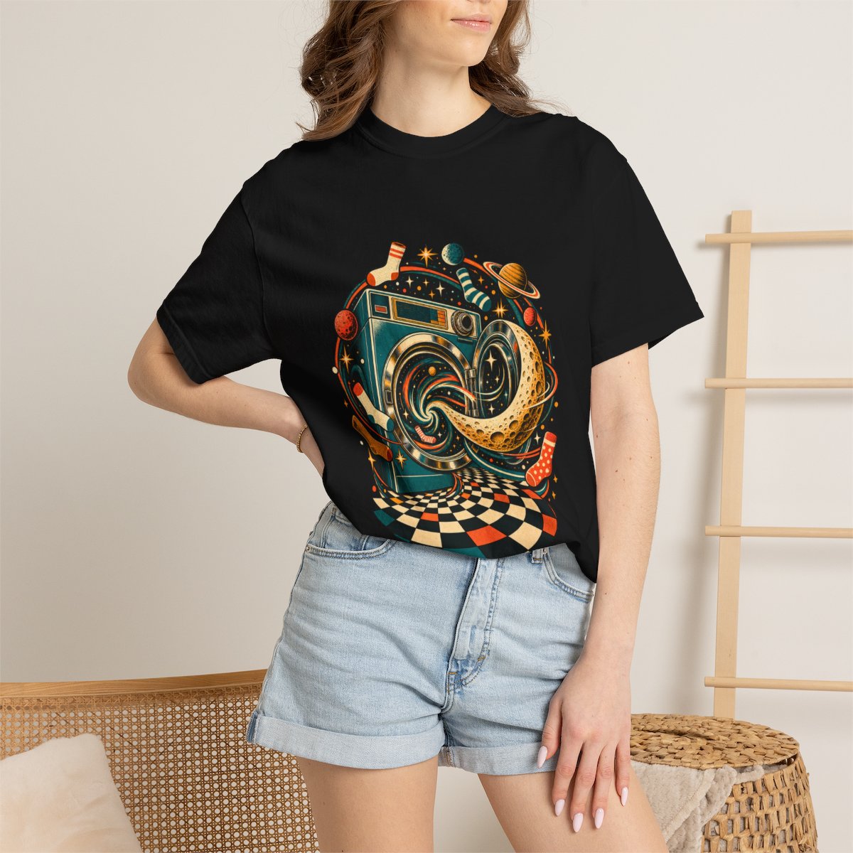 Starlight Spin Tee worn Printify context view on a Black Comfort Colors 1717 tee