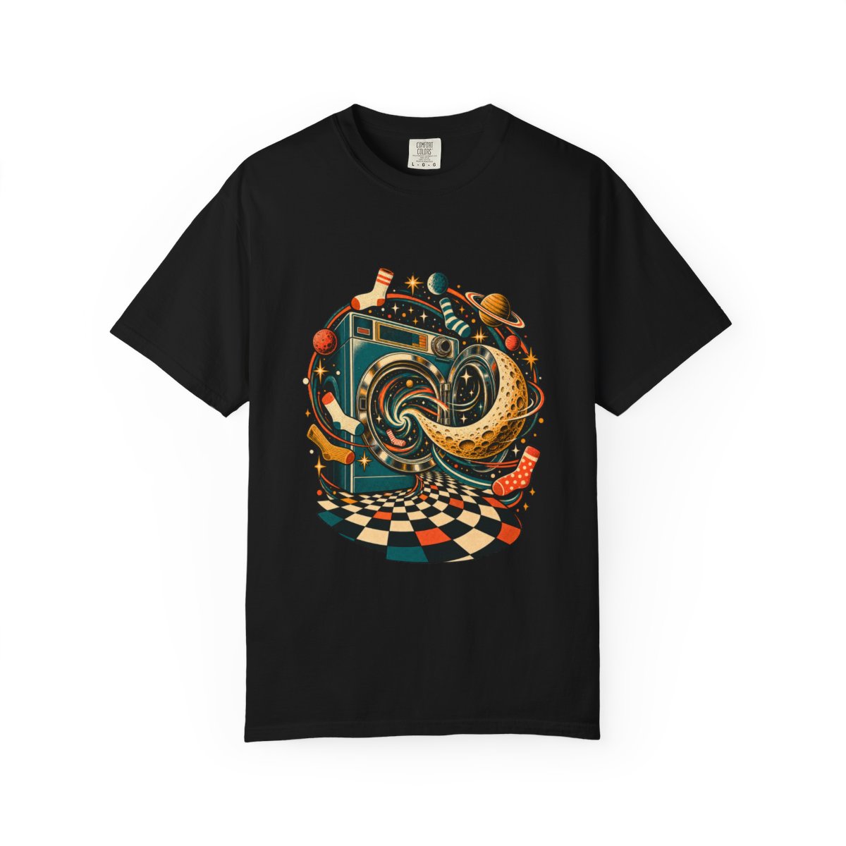 Starlight Spin Tee large front print on a Black Comfort Colors 1717 tee