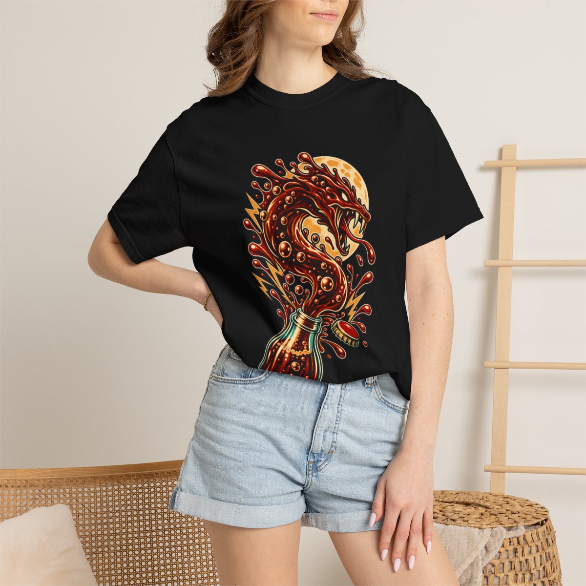 Cola Leviathan Tee worn Printify context view on a Black Comfort Colors 1717 tee