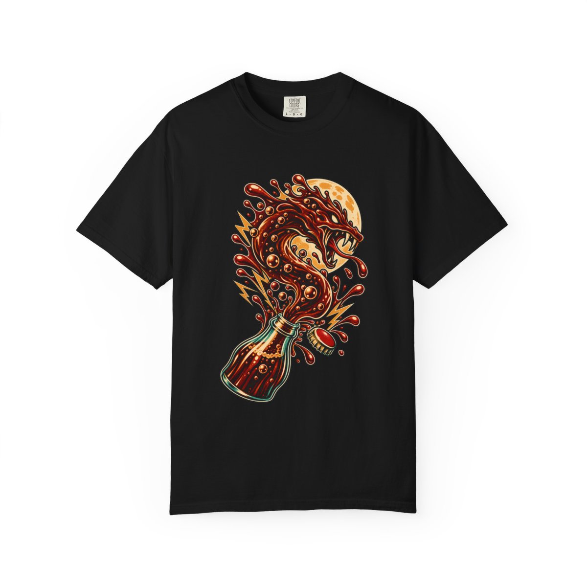 Cola Leviathan Tee large front print on a Black Comfort Colors 1717 tee